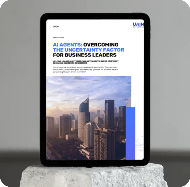 White paper cover - AI AGENTS OVERCOMING THE UNCERTAINTY FACTOR FOR BUSINESS LEADERS